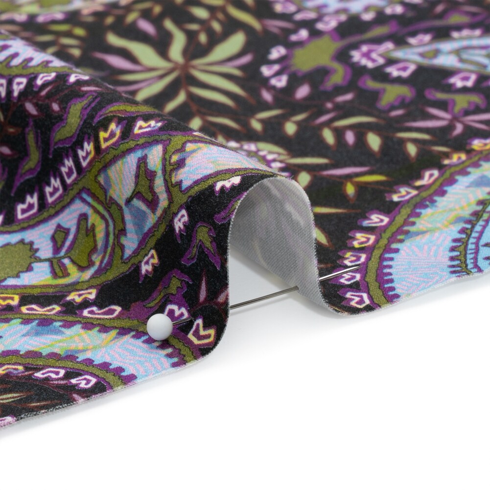 1 Yard Black Green and Purple Paisley and Leaves Leafy Life Stretch Cotton and Viscose Sateen