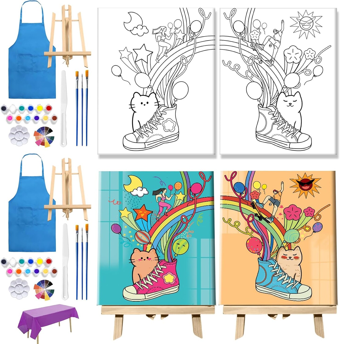 15 Pcs Sip and Paint Kit, 2 Pack Couples Painting Kit Date Night(Painting Kit with Easels)8" x 10"