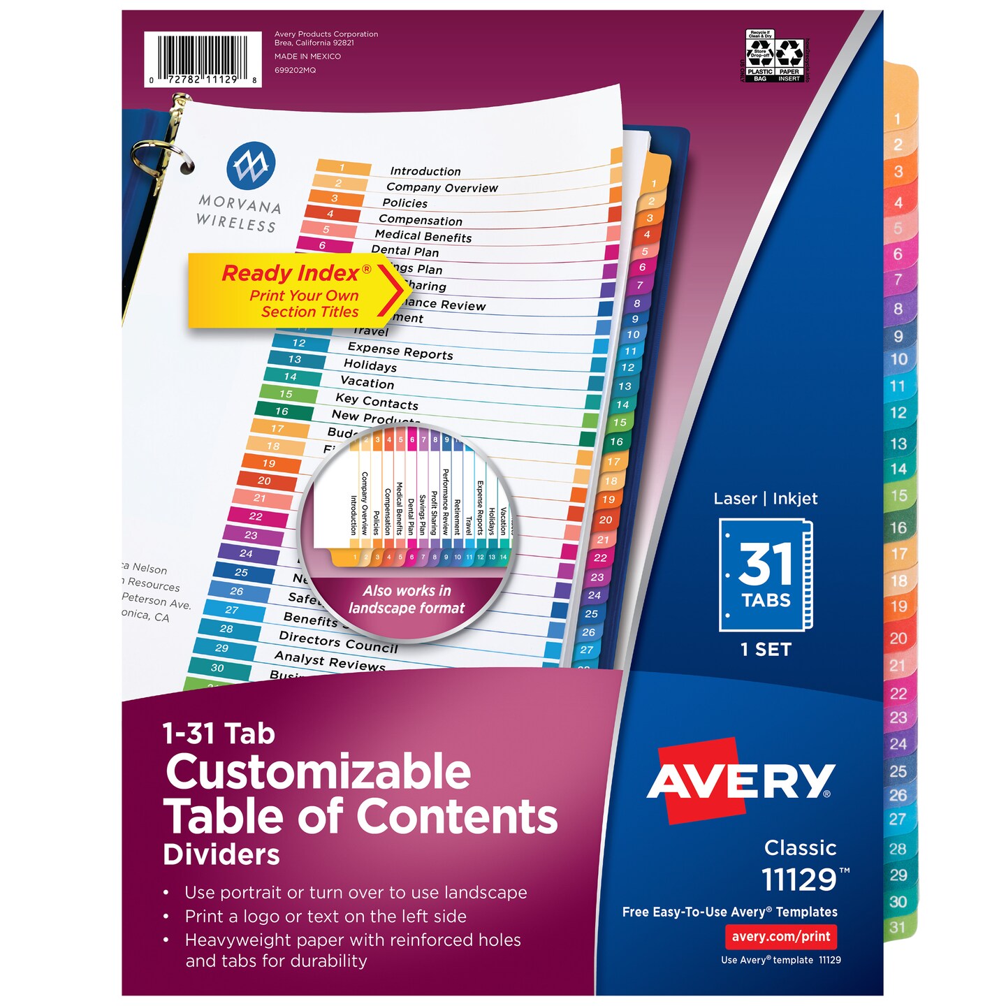 Avery 1-31 Dividers for 3 Ring Binders, 31 Tabs per Set, Customizable Table of Contents, Multicolor Tabs (11129)