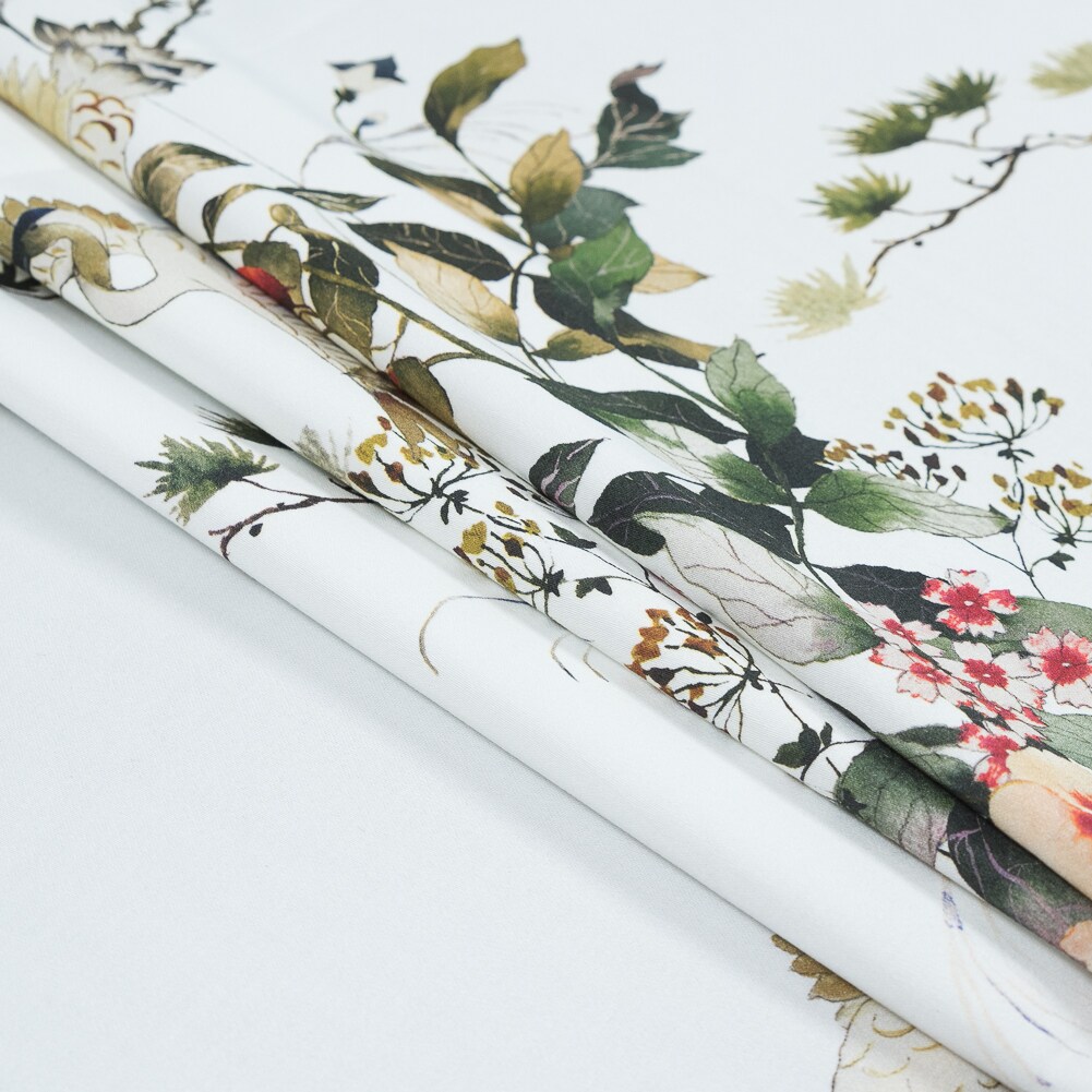 1 Yard White and Green Bird Floral Stretch Cotton Sateen Fabric