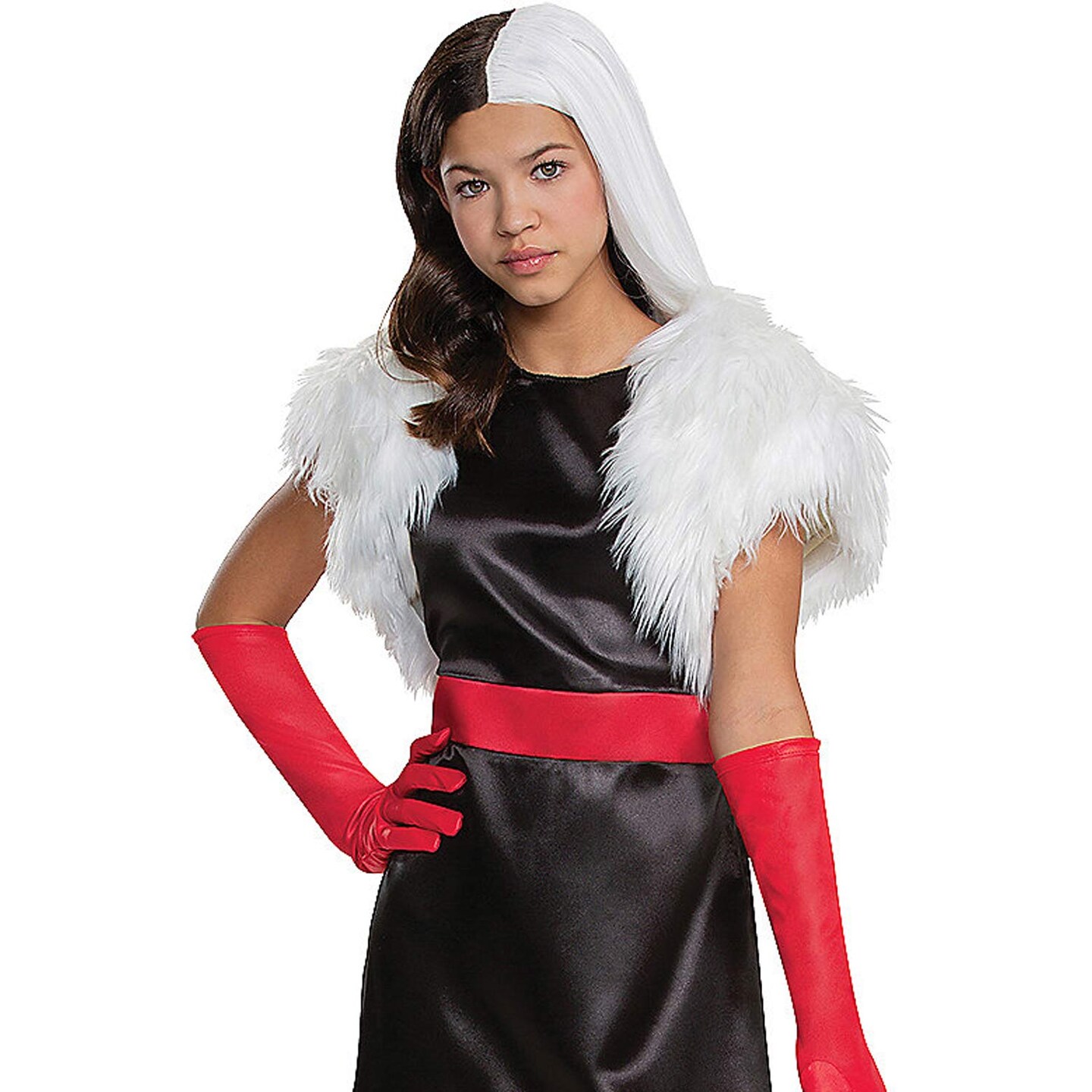 Tween Disney Cruella Costume Dress Faux Fur Jacket and Gloves