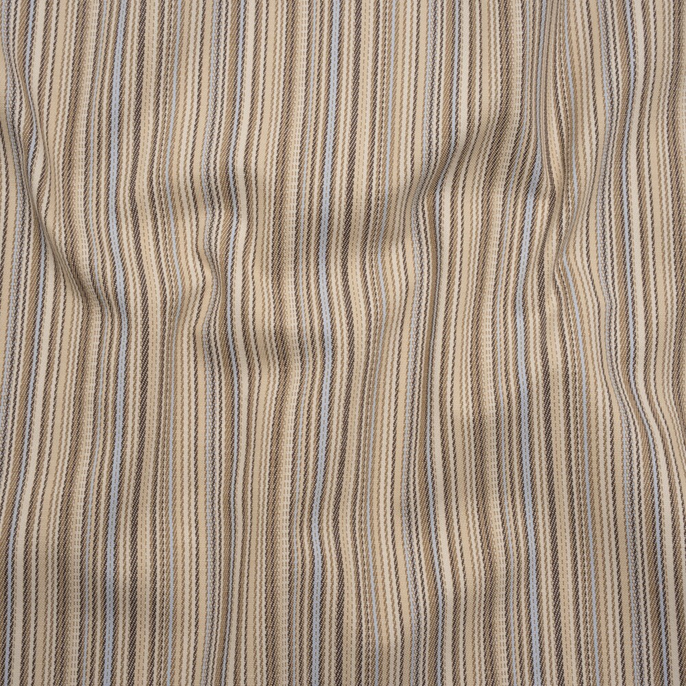1 Yard Tan Light Blue and Dark Brown Barcode Stripes Stretch Cotton Twill 56 inch Width