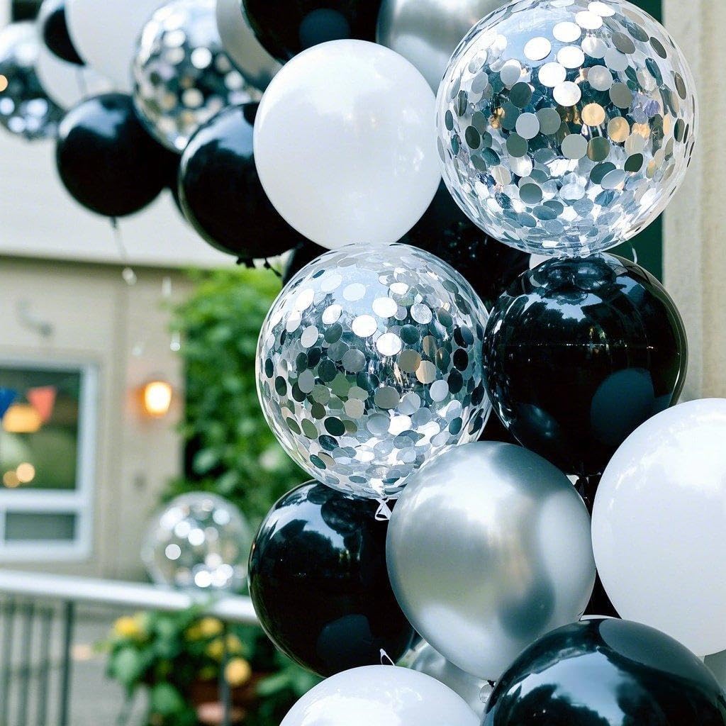 Black and Metallic Silver Balloon Set(Black White Silver)