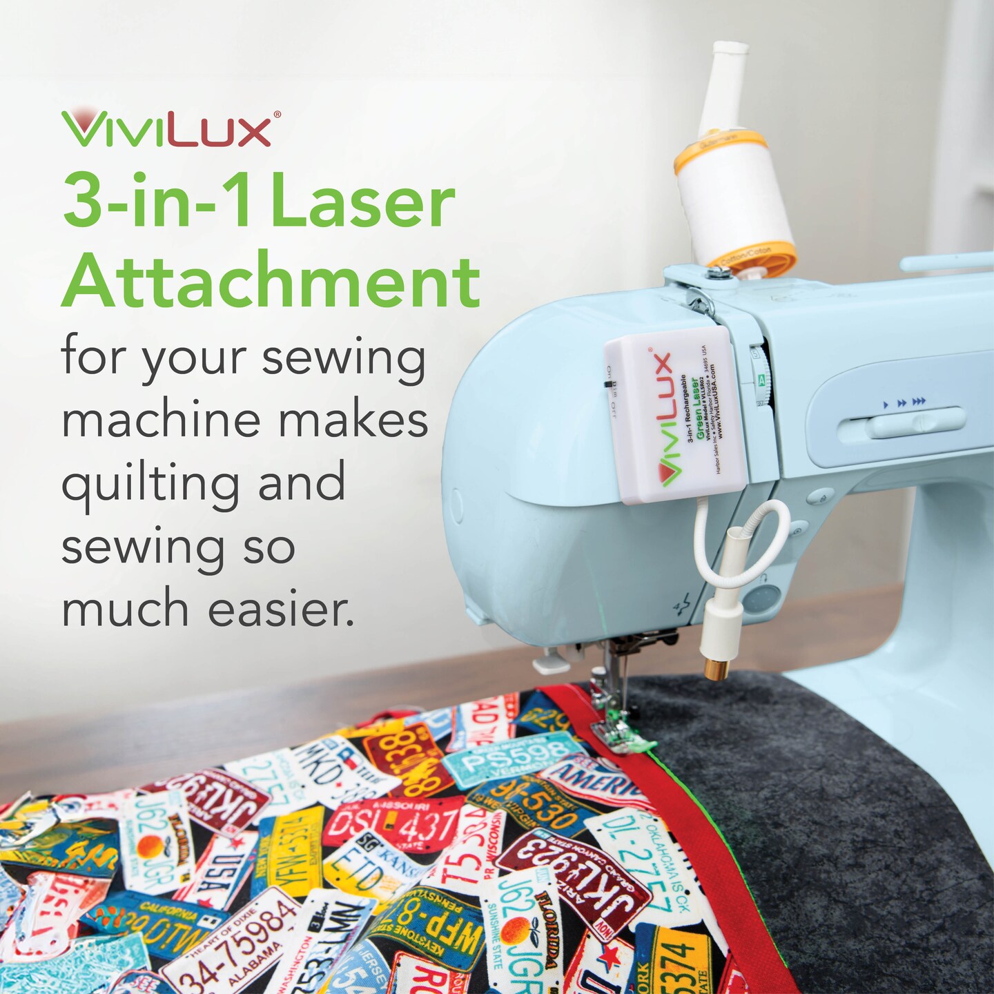 ViviLux 3-in-1 Rechargeable Green Laser System for Sewing & Quilting – Adjustable Line, Crosshair, and Dot Laser Heads, Hook and Loop Tape Mount