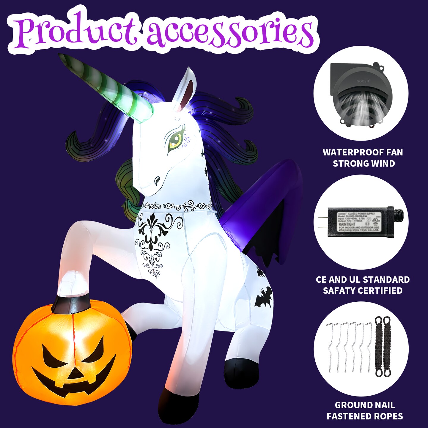 GOOSH 6FT Inflatable Halloween Unicorn with Pumpkin &#x2013; Light-Up Yard Decoration