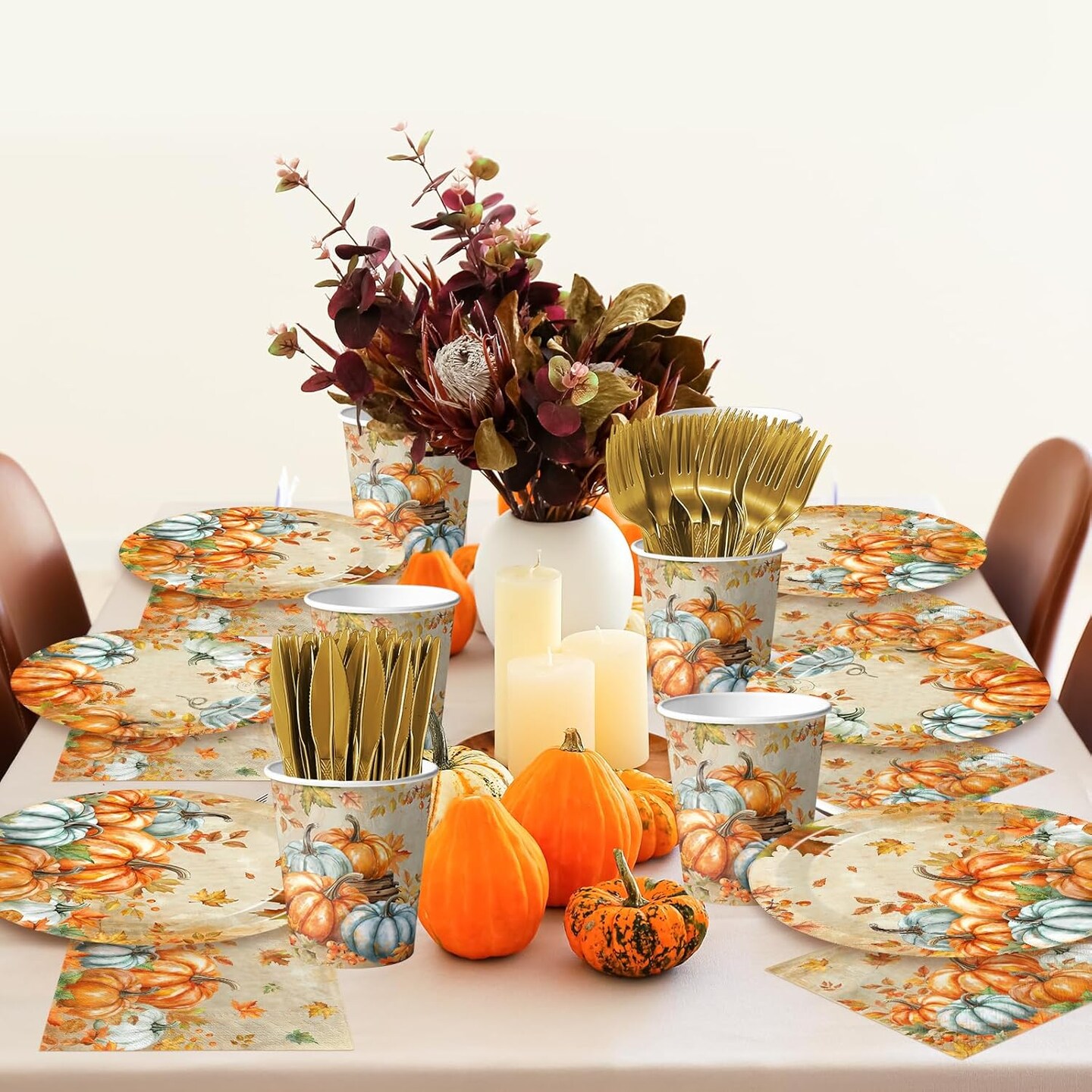 144pcs Serves 24 - Thanksgiving Paper Plates and Napkins Sets,144pcs Watercolor Retro Pumpkin(Retro)9&#x22;L x 0.04&#x22;W x 9&#x22;Th