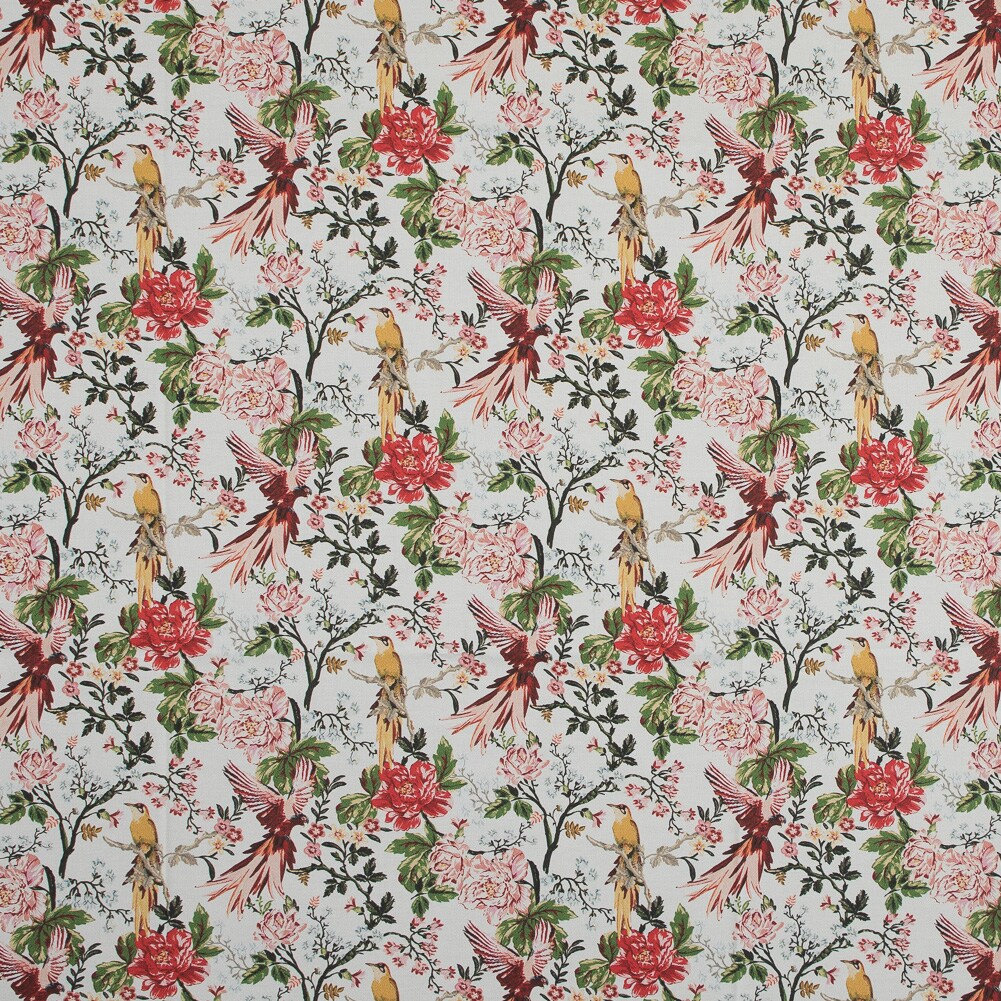 1 Yard Stretch Cotton Sateen Parrots Play Amongst Flowers Print Fabric