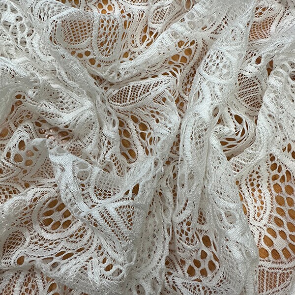 Off White Leaf Stretch Lace Fabric By the Yard