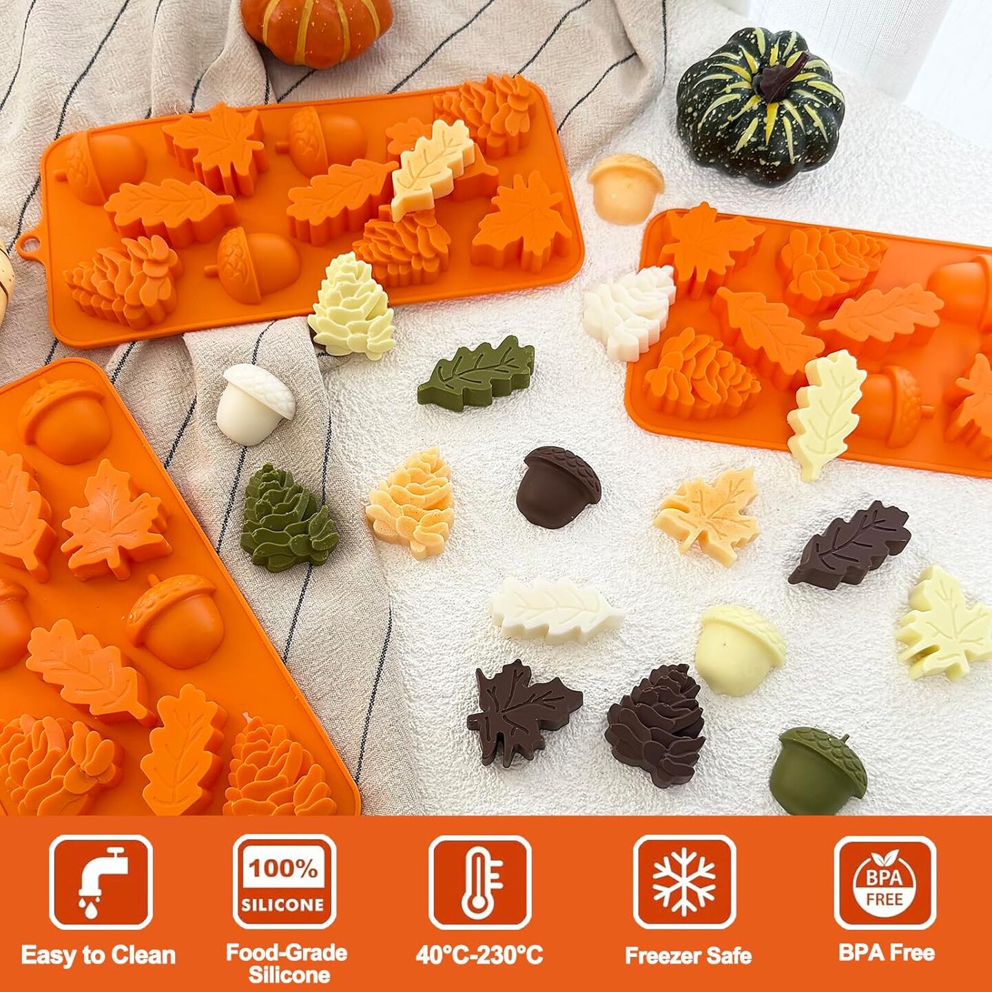 3Pack Fall Chocolate Mold Thanksgiving Silicone Candy Molds( Orange)6 x 4 x 0.4 inches