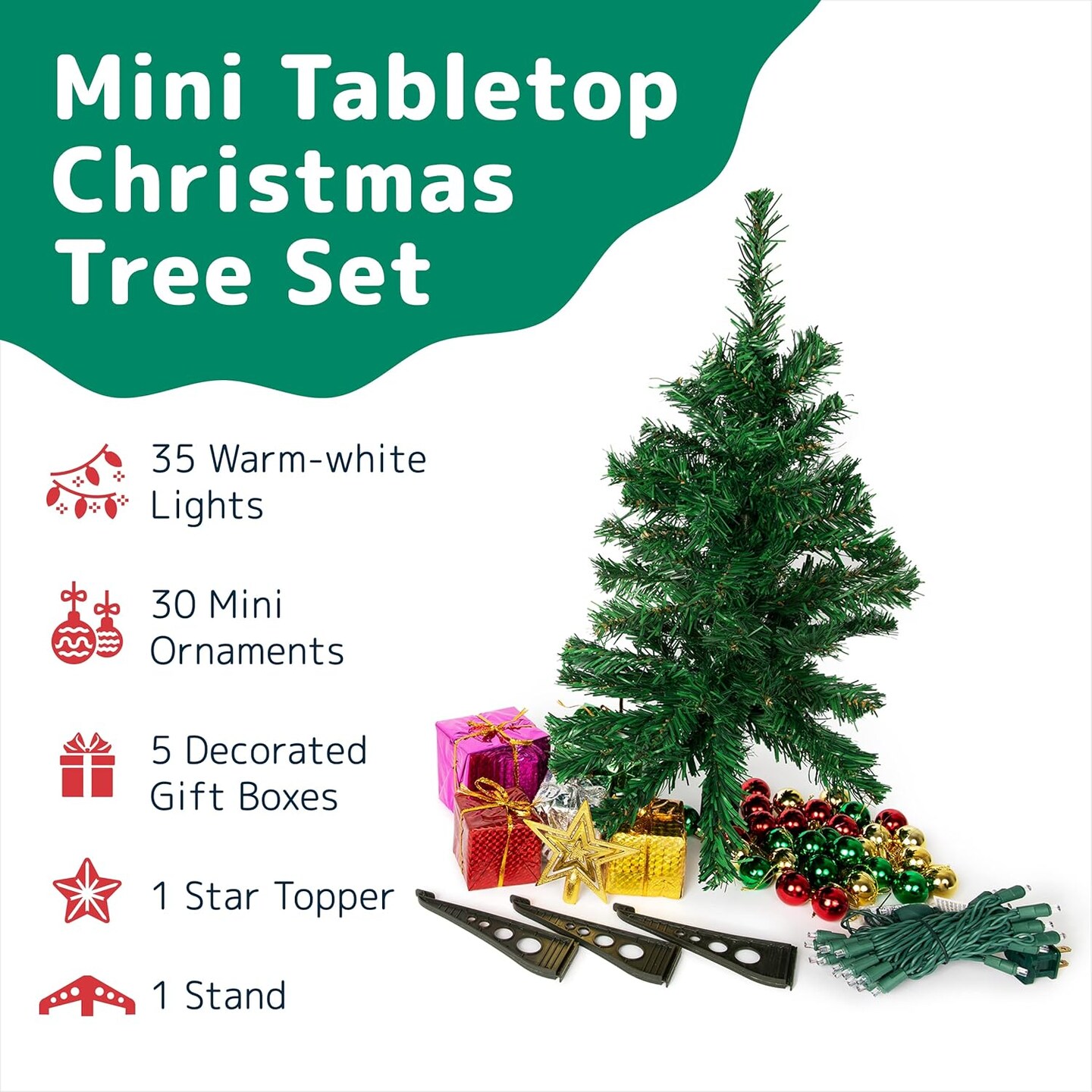 Mini Tabletop Christmas Tree Set with LED Lights, Star, Ornaments, and Gift Boxes - 23-Inch (Green)