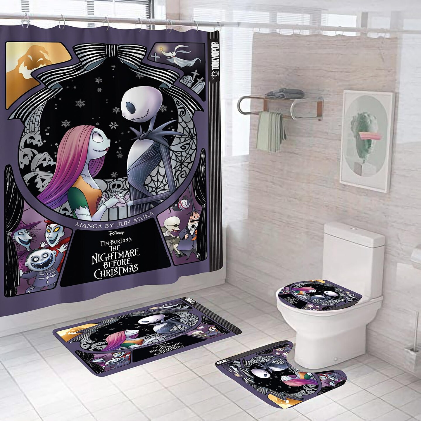 DDQTOUCH 4 PCS Nightmare Before Christmas Bathroom Sets with Shower Curtain and Rugs  Halloween Jack Skellington and Sally Bathroom Shower Curtain Set with 12 Hooks (Color-3)