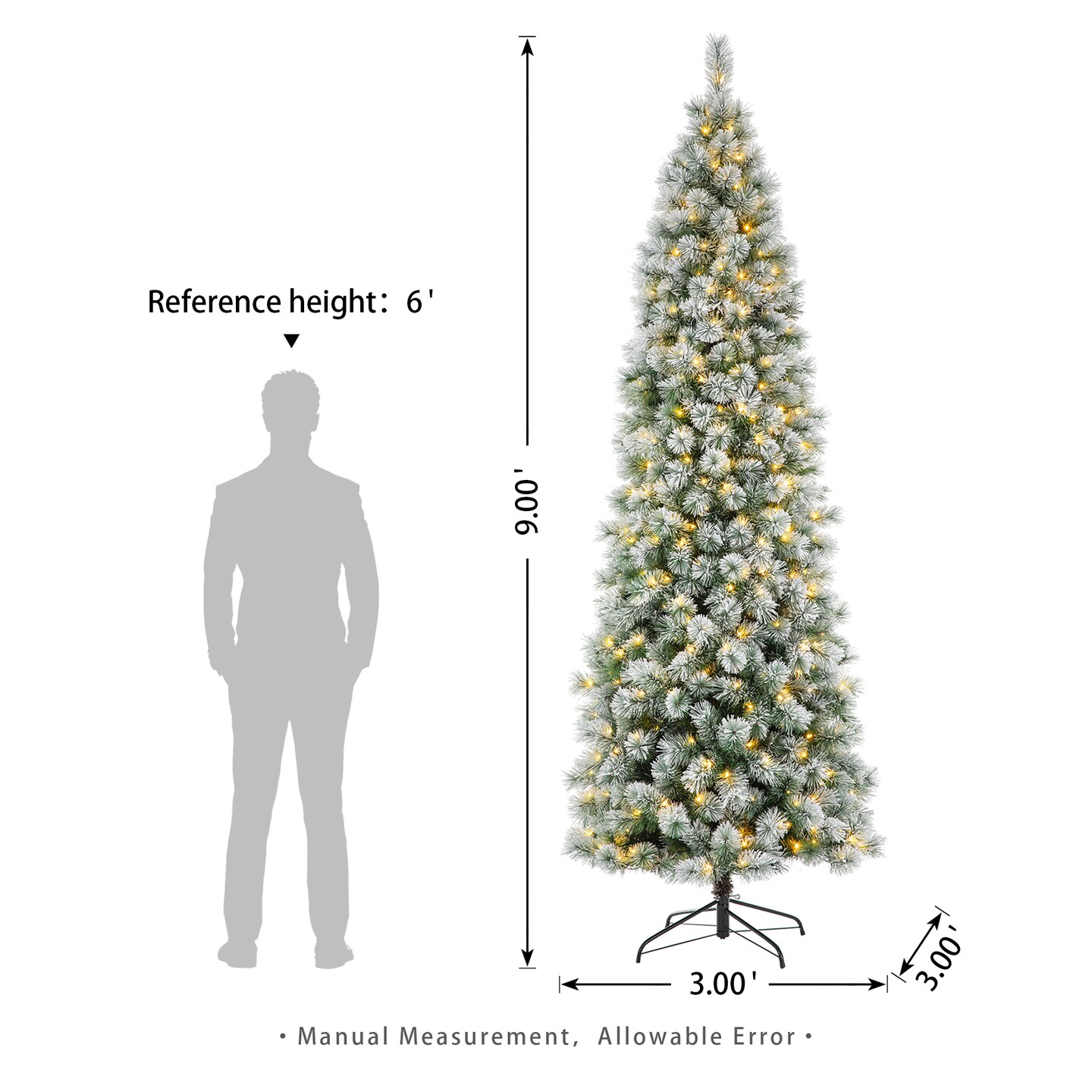 11FT/9FT/7.5FT Pre-Lit Flocked Pine Artificial Christmas Pencil Tree with LED Lights, 9 Functional Warm White/Multi-color, remote controller