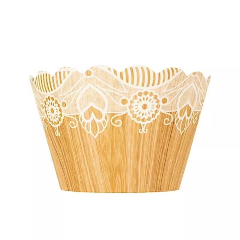 25 Natural White Cupcake Liners Muffin Wrappers Wood Lace Printed Design Party