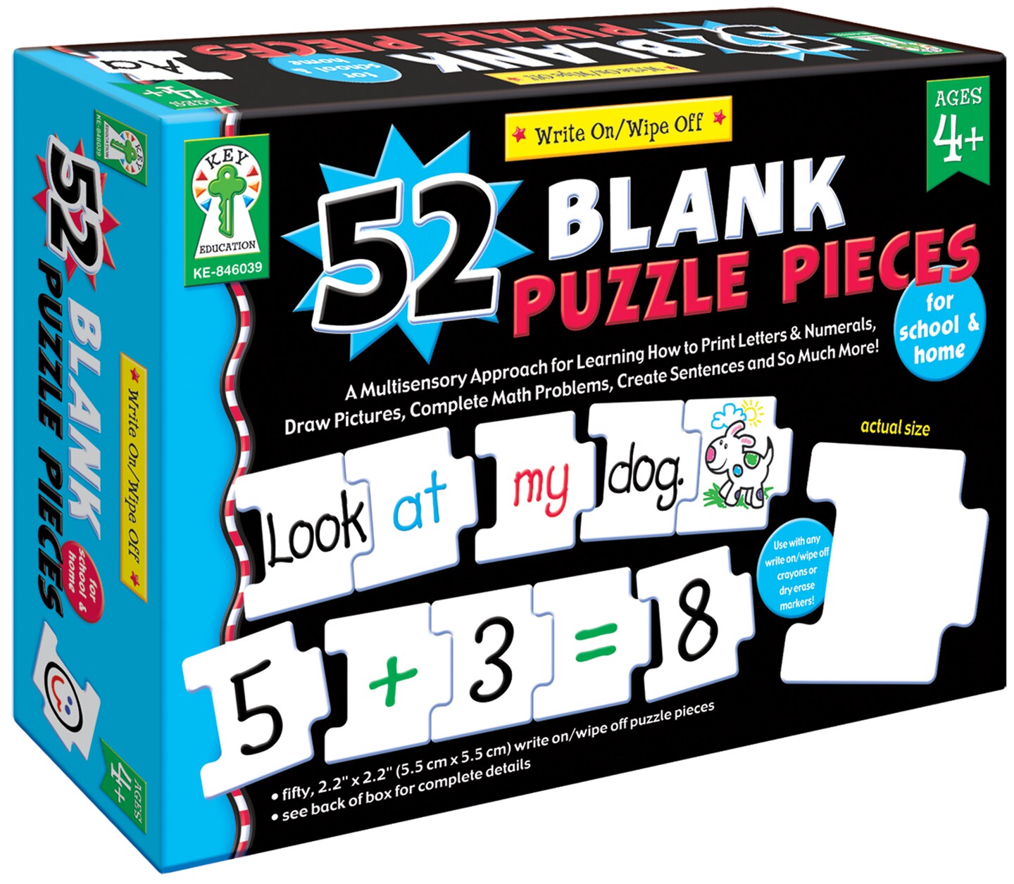 Key Education Blank Puzzle Set, 52 Dry Erase Pieces for Drawing, Counting, Writing Practice, and More, Write On Wipe Off Manipulatives for Kids Ages 4+