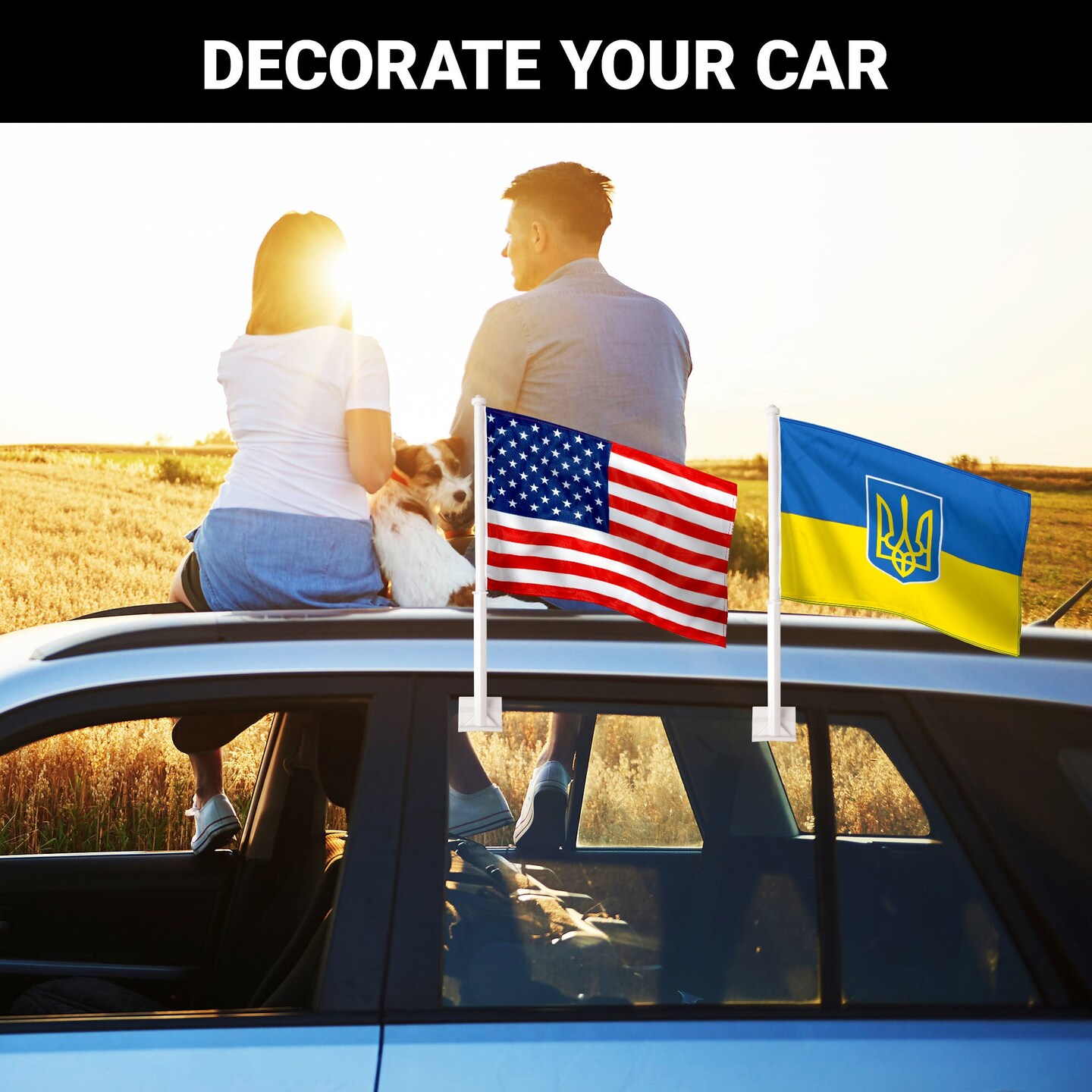 G128 Combo Pack: American USA Car Flag &#x26; Ukraine Ukraine Coat of Arms Car Flag 11x17 In | Both Double Sided Printed 150D Polyester | Flagpole Included | Perfect for Festival Celebrations, Parades