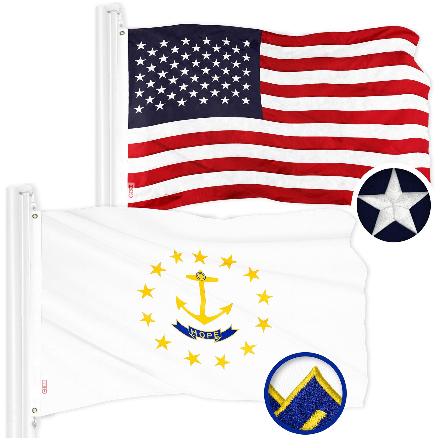 G128 Combo Pack: American USA Flag 3x5 Ft &#x26; Rhode Island No Golden Border State Flag 3x5 Ft | Both ToughWeave Series Embroidered Polyester, Brass Grommets
