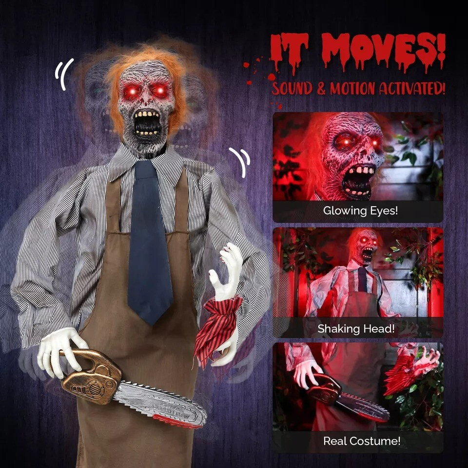 5.7FT Halloween Outdoor Spooky Decoration Talking Chainsaw Man, Glowing Eyes