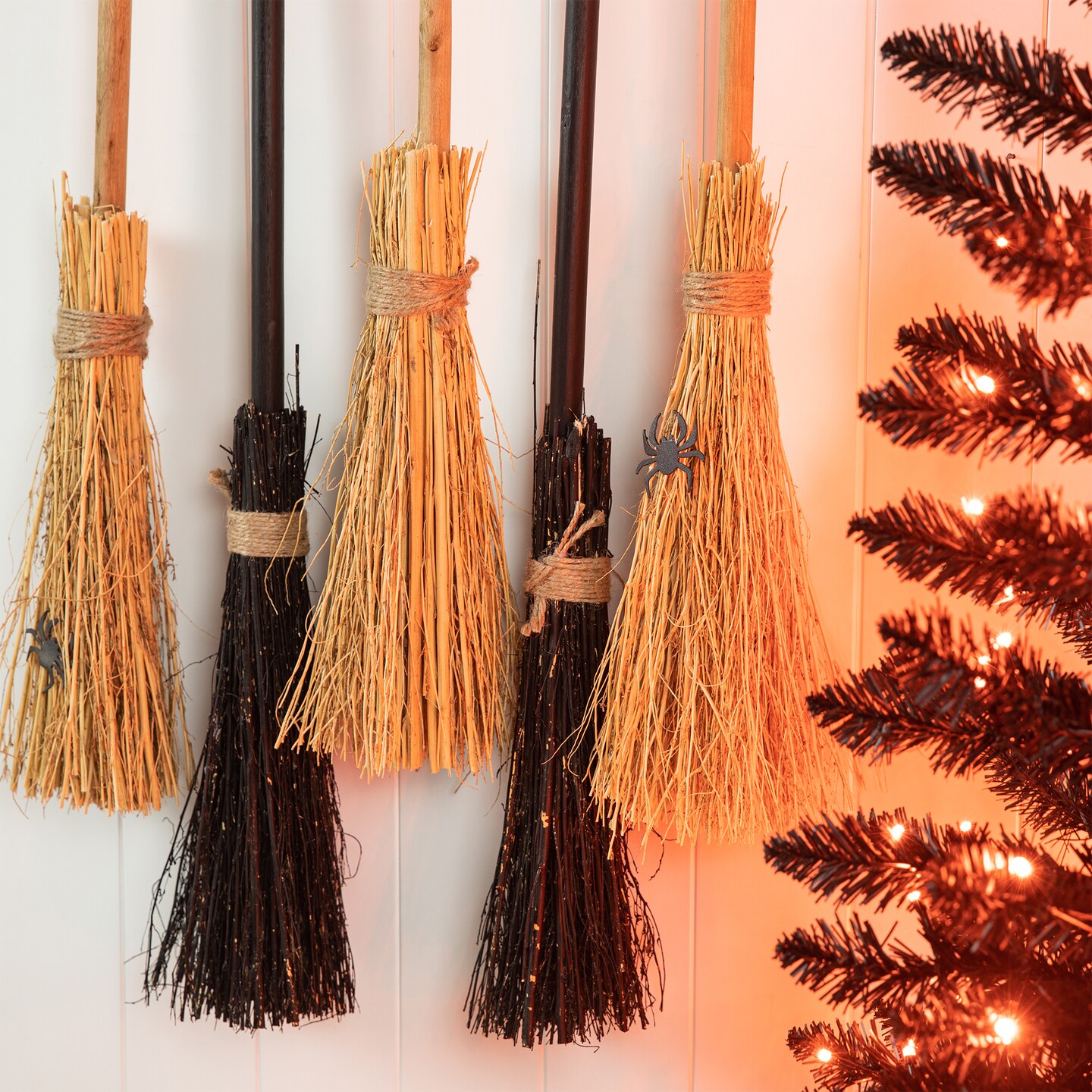 Set of 4 42&#x22;H Halloween Wooden Brooms Parking Porch Decor