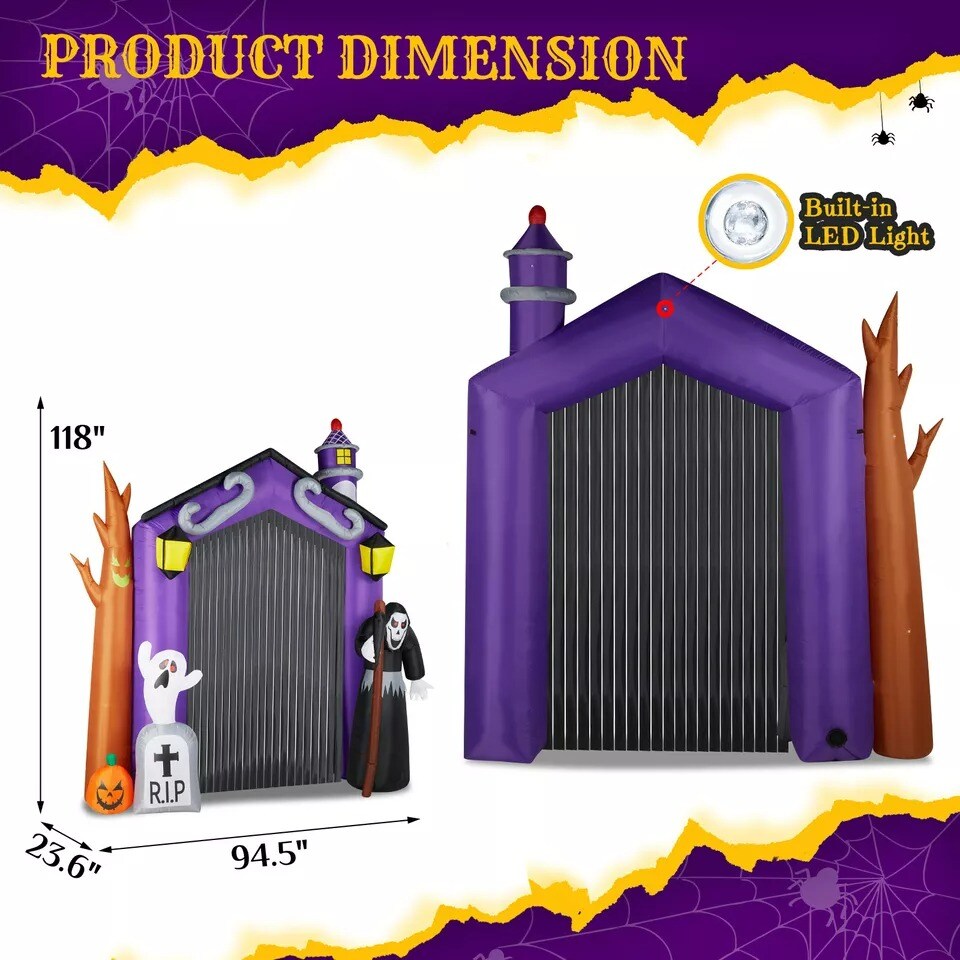10FT Halloween Inflatable Haunted House Castle Arch Decoration w/ Build-in LEDs