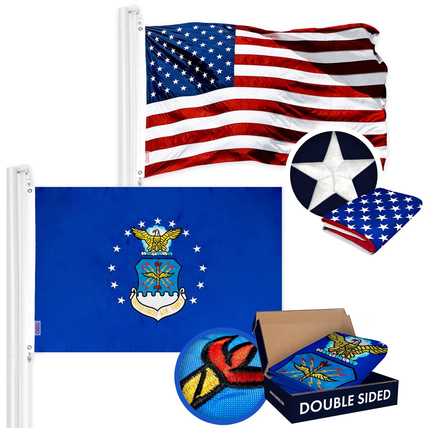 G128 Combo Pack: American USA Flag ToughWeave Series 2x3 Ft Single Sided &#x26; US Air Force Flag Double Sided 2x3 Ft Double ToughWeave Series | Both Embroidered Polyester, Brass Grommets