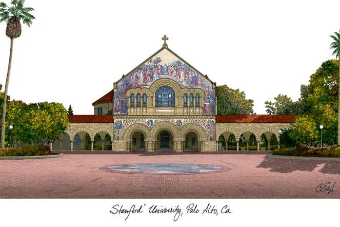 Stanford University 11w x 8.5h Manhattan Black Single Mat Gold Embossed Diploma Frame with Bonus Campus Images Lithograph (value savings at $59)