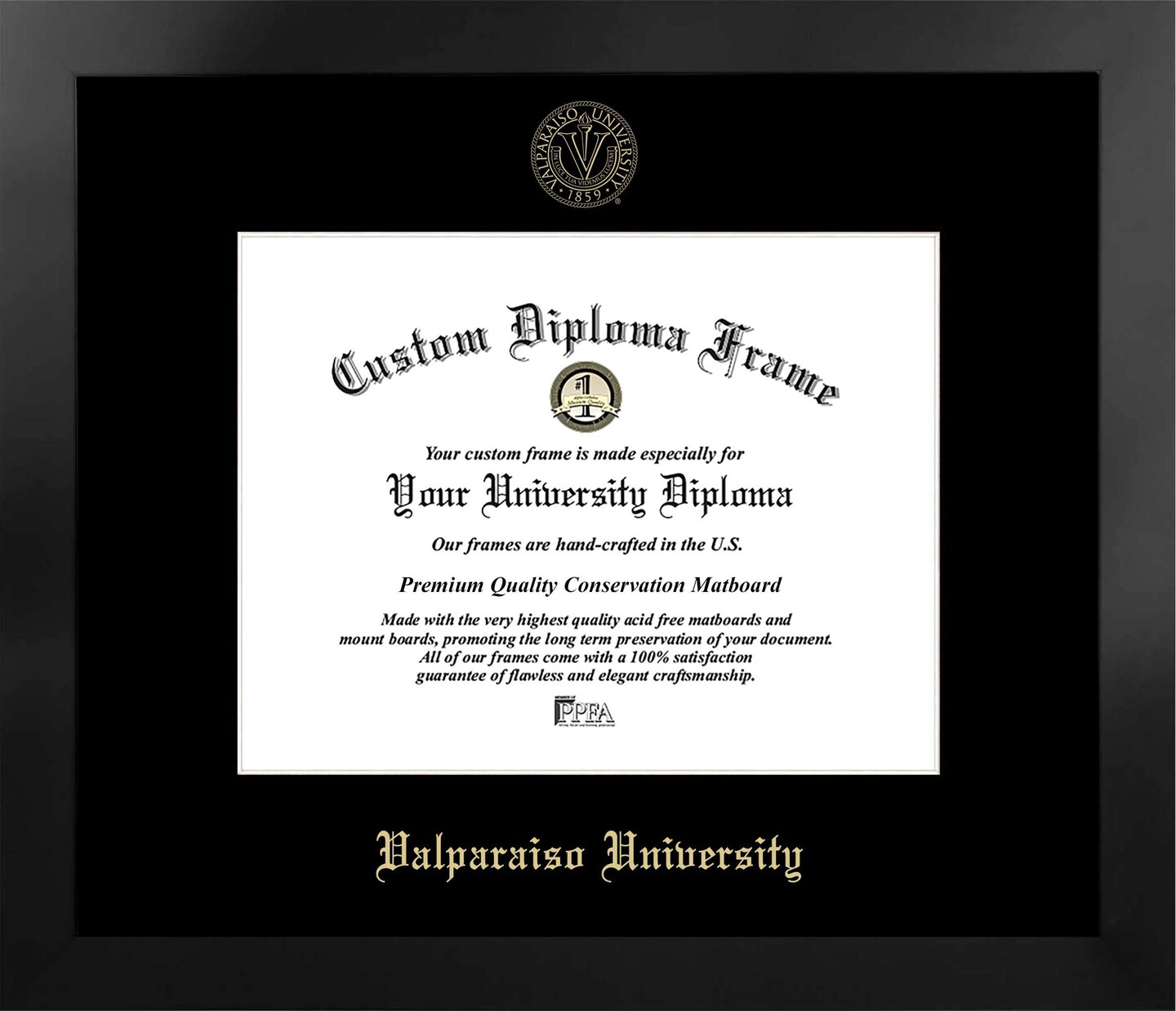 Valparaiso University 10w x 8h Manhattan Black Single Mat Gold Embossed Diploma Frame with Bonus Campus Images Lithograph (value savings at $59)