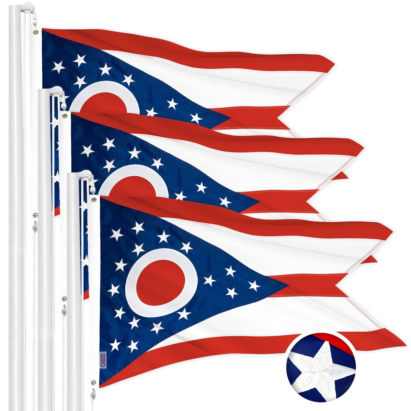G128 3 Pack: Ohio OH State Flag | 1x1.5 Ft | ToughWeave Series Embroidered 300D Polyester | Embroidered Design, Indoor/Outdoor, Brass Grommets