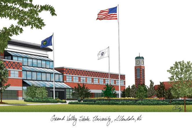 Grand Valley State University 9w x 7h Manhattan Black Single Mat Gold Embossed Diploma Frame with Bonus Campus Images Lithograph (value savings at $59)