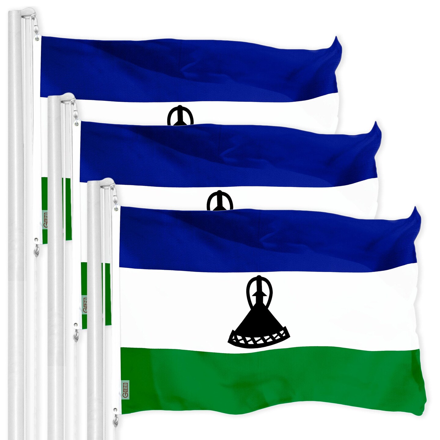 G128 3 Pack: Lesotho Basotho Flag | 3x5 Ft | LiteWeave Pro Series Printed 150D Polyester | Country Flag, Indoor/Outdoor, Vibrant Colors, Brass Grommets