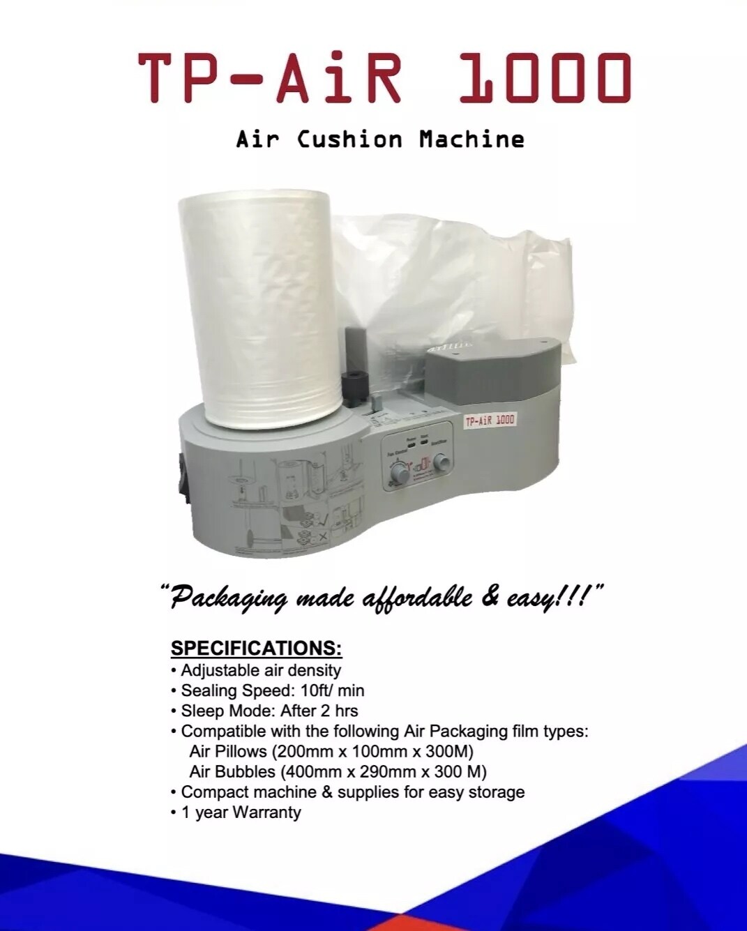 TP-AIR 1000 Air Pillow Maker Air Cushion Bubble Machine for Carton Box Packaging.