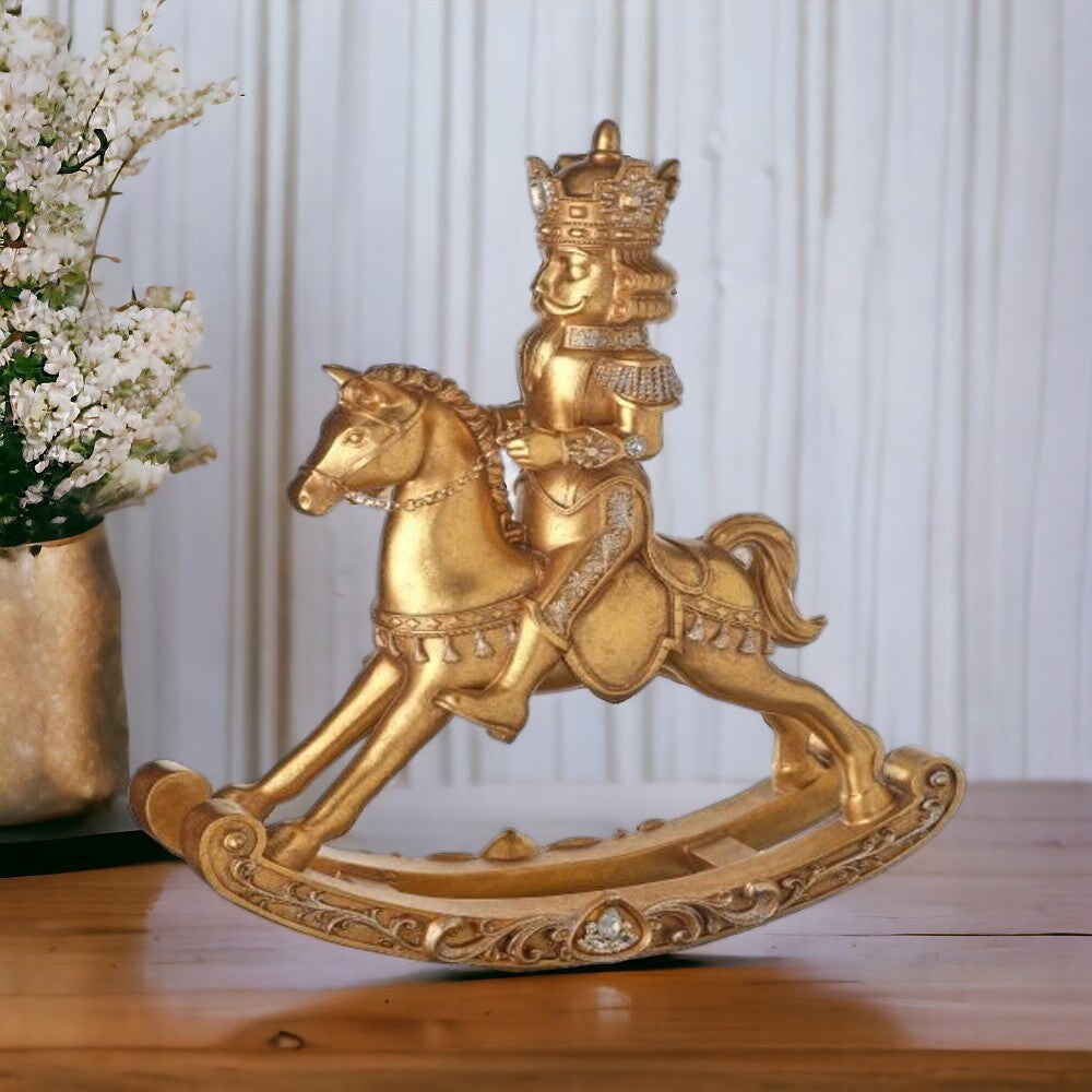 20&#x22; Resin Golden Nutcracker Rocking Horse: Elegant Christmas Decoration with Classic Charm