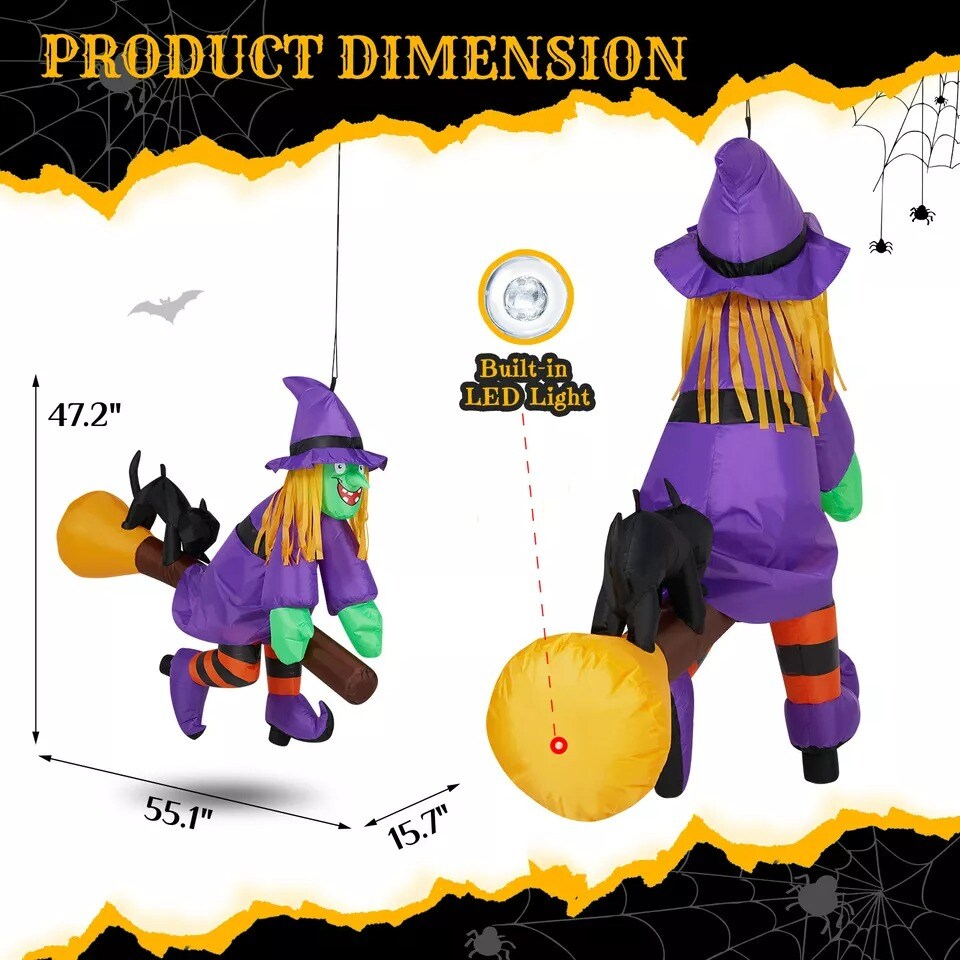 3.9FT Halloween Inflatable Witch Riding Broom Outdoor Decorations Blow up Decor