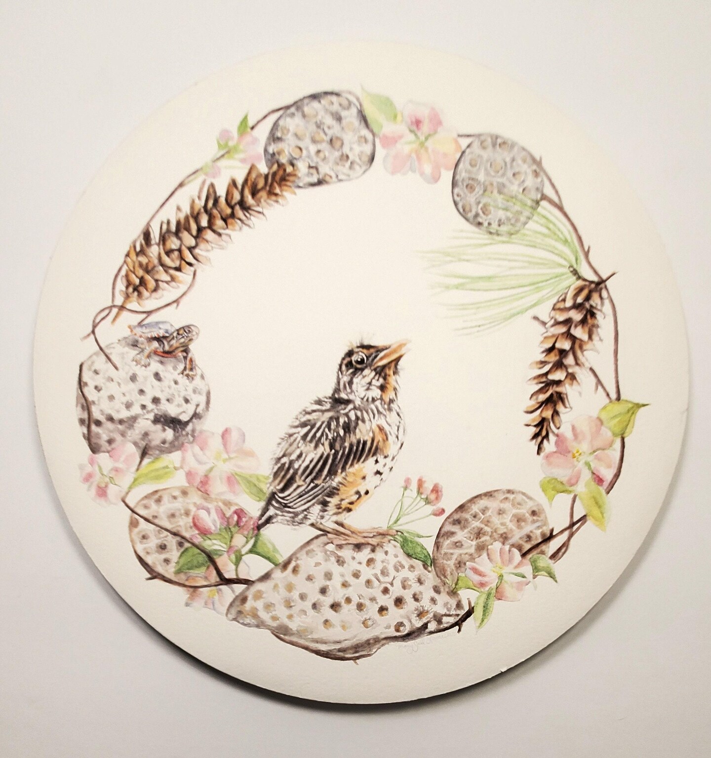 Michigan art: wreath original watercolor with state bird Robin