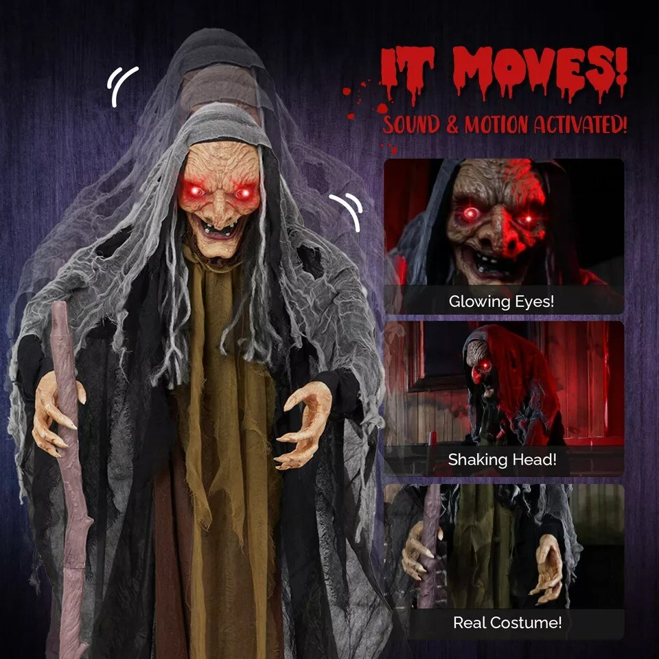 5.3FT Halloween Outdoor Spooky Decoration Talking Witch with Cane Glowing Eyes