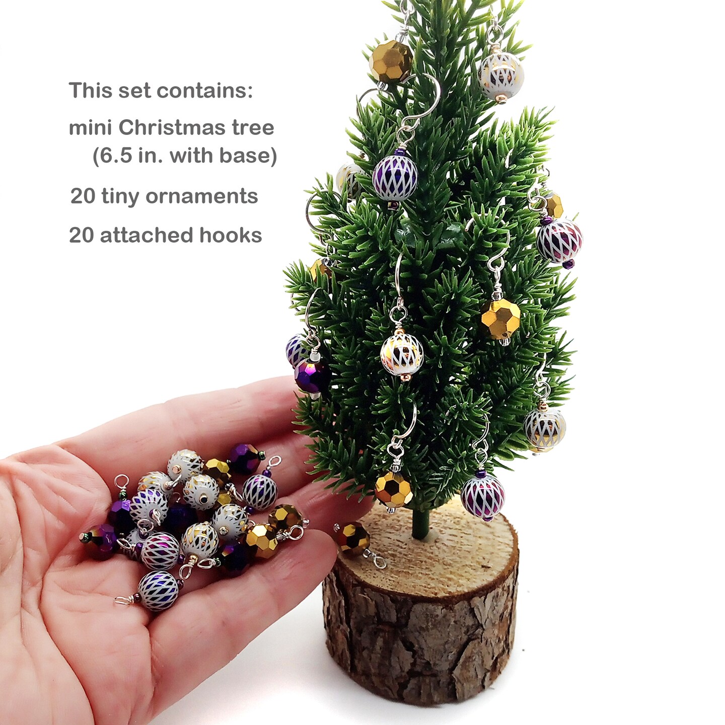 Miniature Christmas Tree with 20 Ornaments, Decorate your own, Purple & Gold, Adorabilities