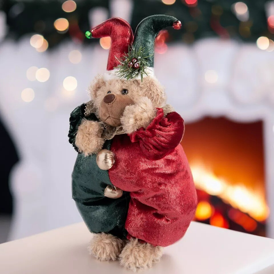 16" Jester Bear Doll, Bear Clown Doll, Bear Christmas Figurine, Red & Green