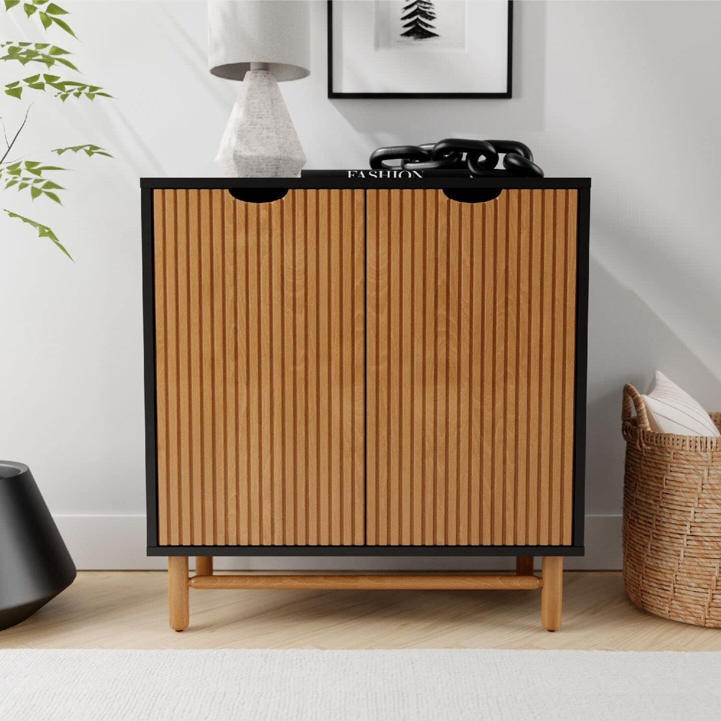 Stead Fluted Sideboard Storage Cabinet - Mid Century Modern Accent Cabinet with Doors - Great in Living Rooms, Bedrooms, and Entryways (Black and Oak)