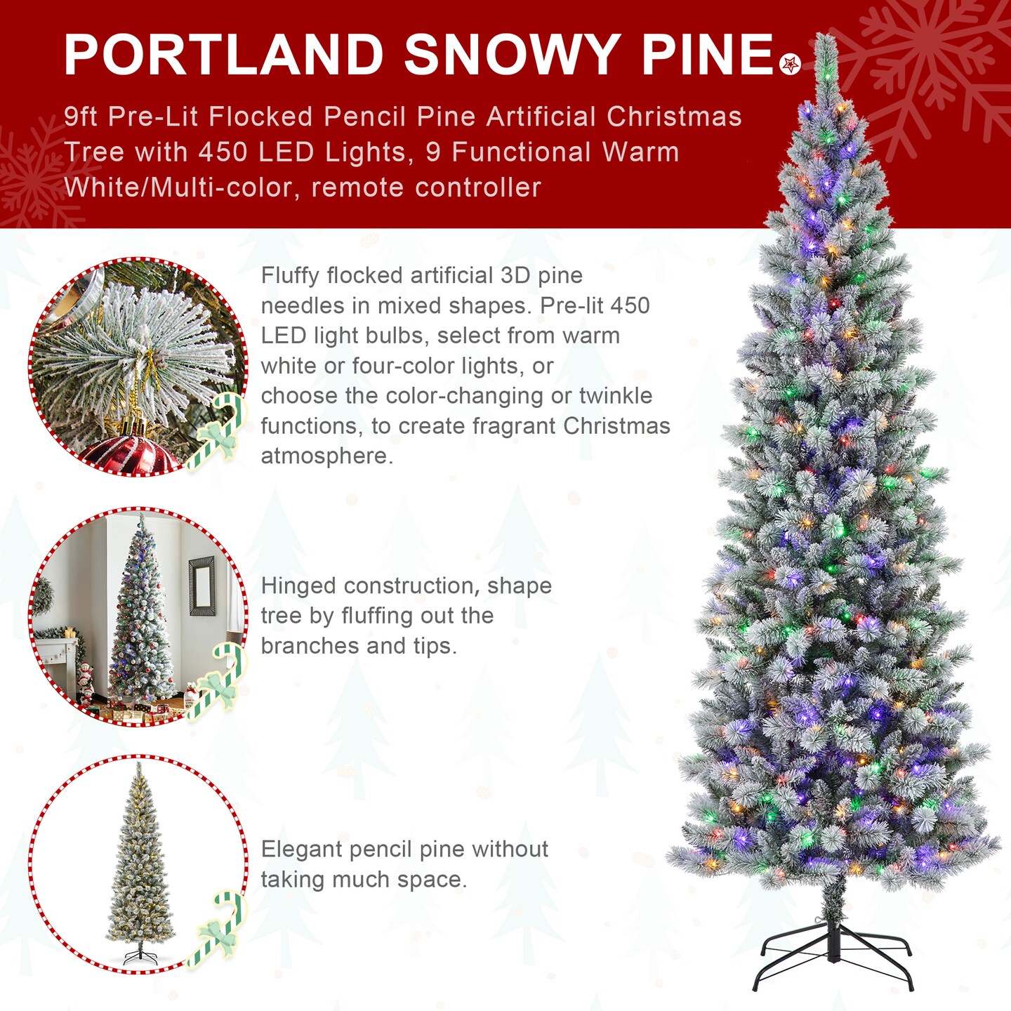 11FT/9FT/7.5FT Pre-Lit Flocked Pine Artificial Christmas Pencil Tree with LED Lights, 9 Functional Warm White/Multi-color, remote controller