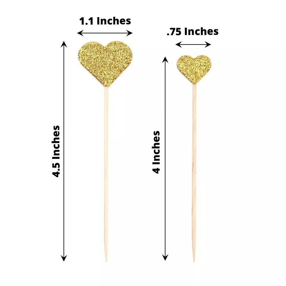 24 Gold Glittered Heart Cupcake Toppers Picks Cake Decorations Party Supplies