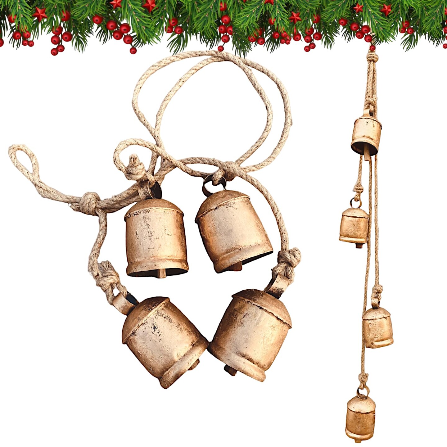 Shabby Chic Bells Rustic Hanging Jingle Christmas Tree Decor - Large Handmade Lucky Cow Bells Vintage Rustic Metal Tranquil Wind Chimes Solid Decorative Wall Hanging d&#xE9;cor Home Decor Gifts