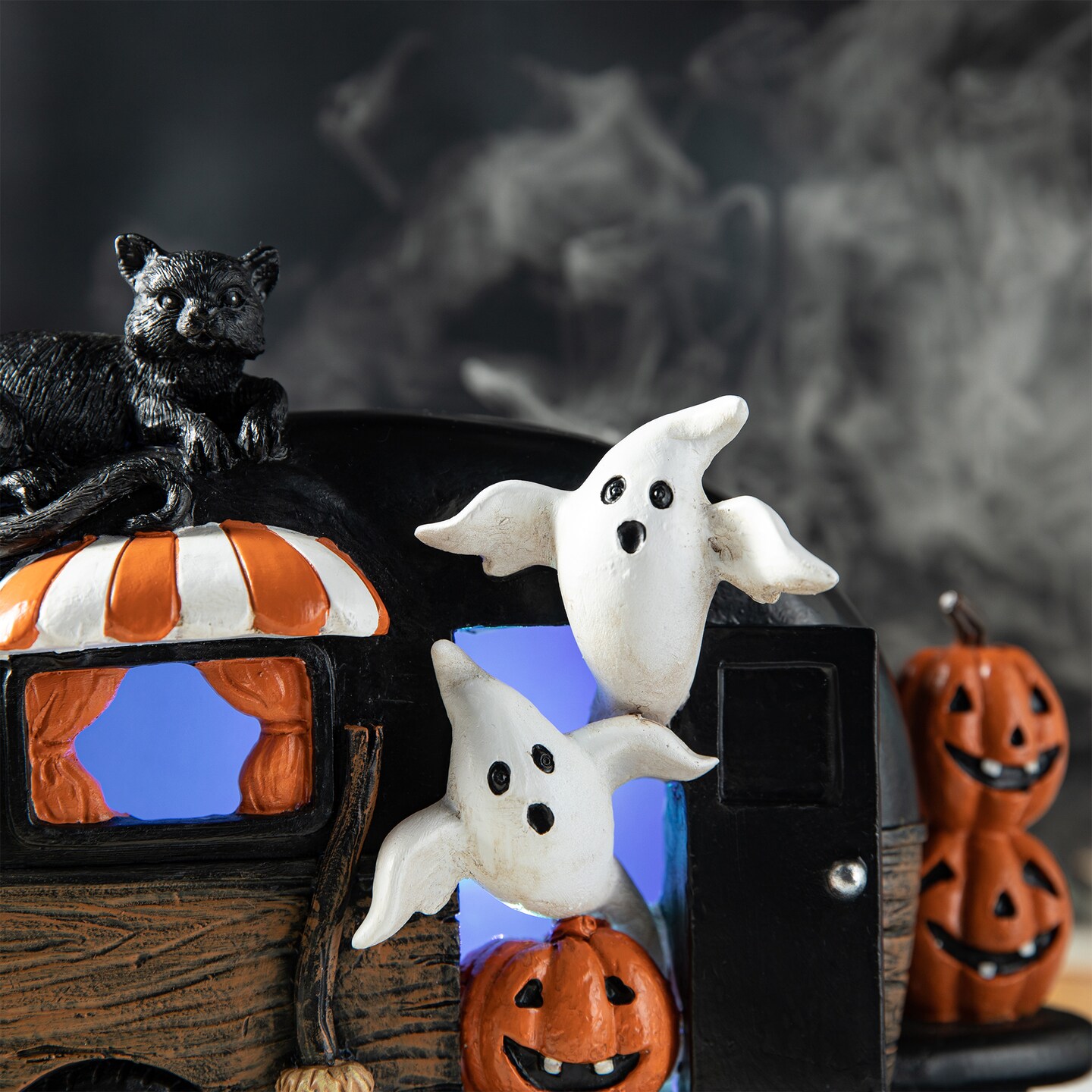 Set of 2 9.25''L Halloween Polyresin Lighted Camper W/Ghost& Pumpkin&Black Cat Table Decor