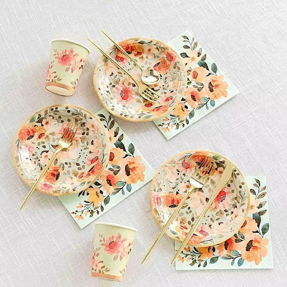 72 Sage Green Disposable Dinnerware Set with Pink Floral Print Party Events