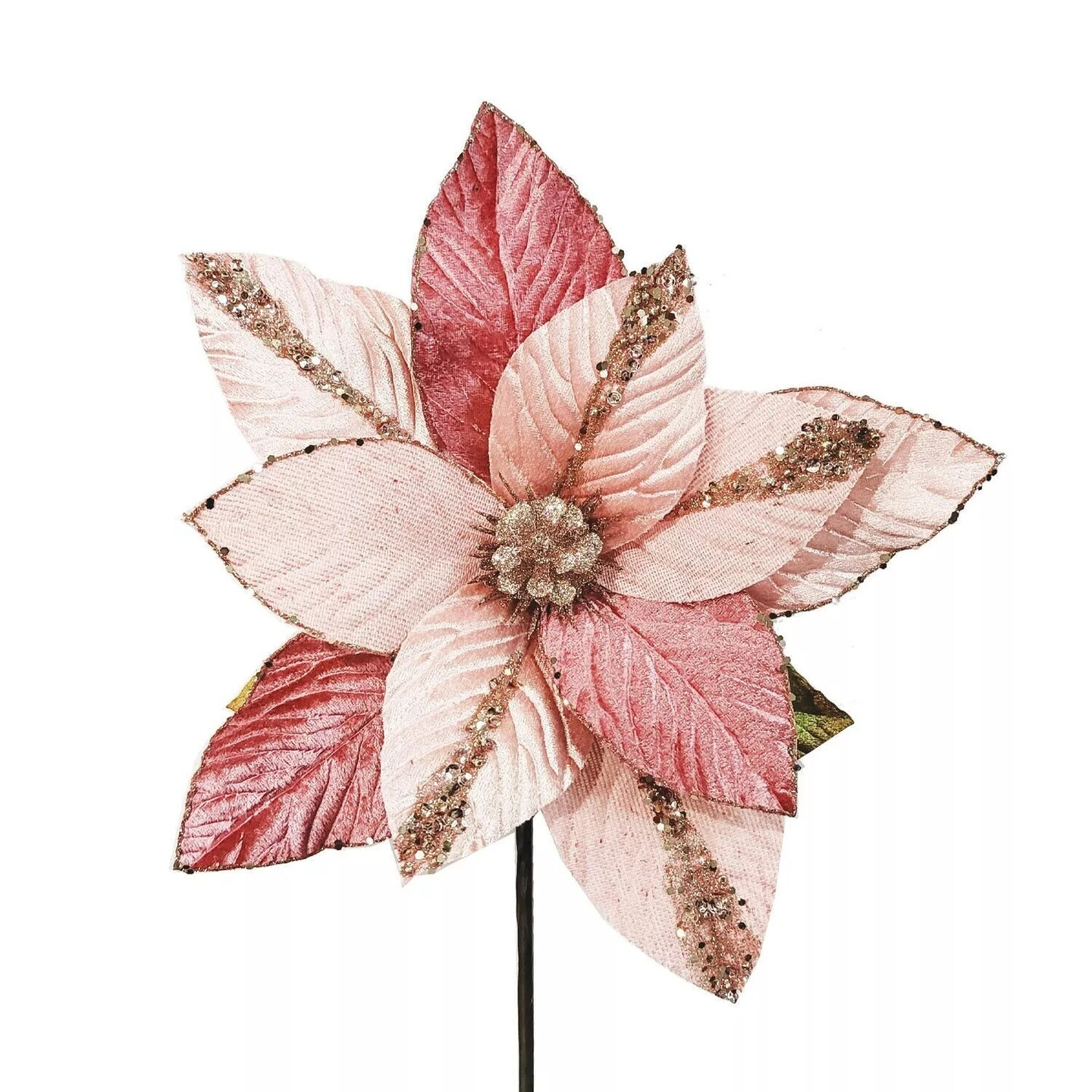 Pink Poinsettia Stem Velvety Flower Christmas Decoration Bendable Stem 25&#x22;x11&#x22;