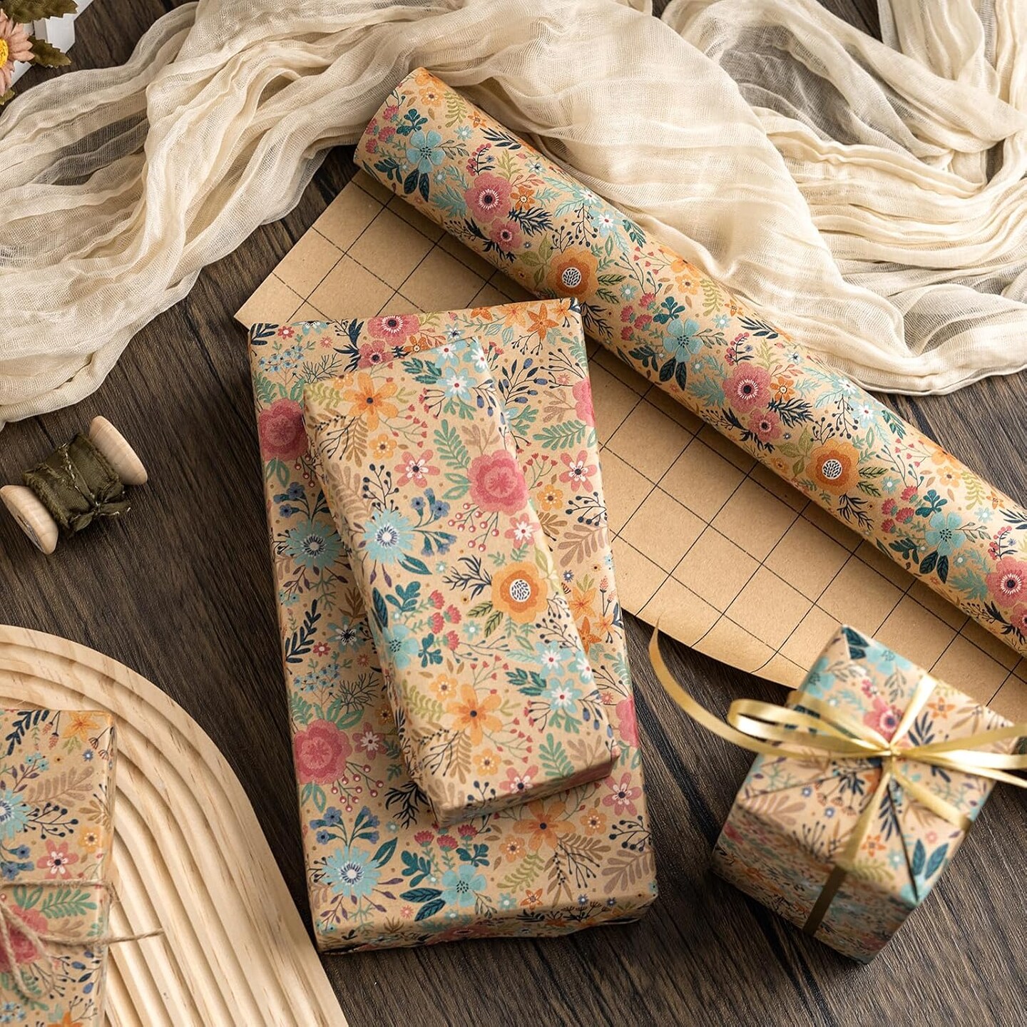 Colorful Floral Kraft Wrapping Paper Roll - 17Inch x 33Feet