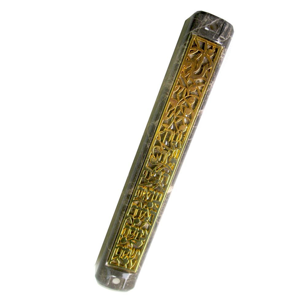 Slate Marble Mezuzha Case with Decorated Text On Metal Plate