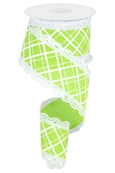 2.5&#x22; Line Check Lace Ribbon: Lime Green (10 Yard)