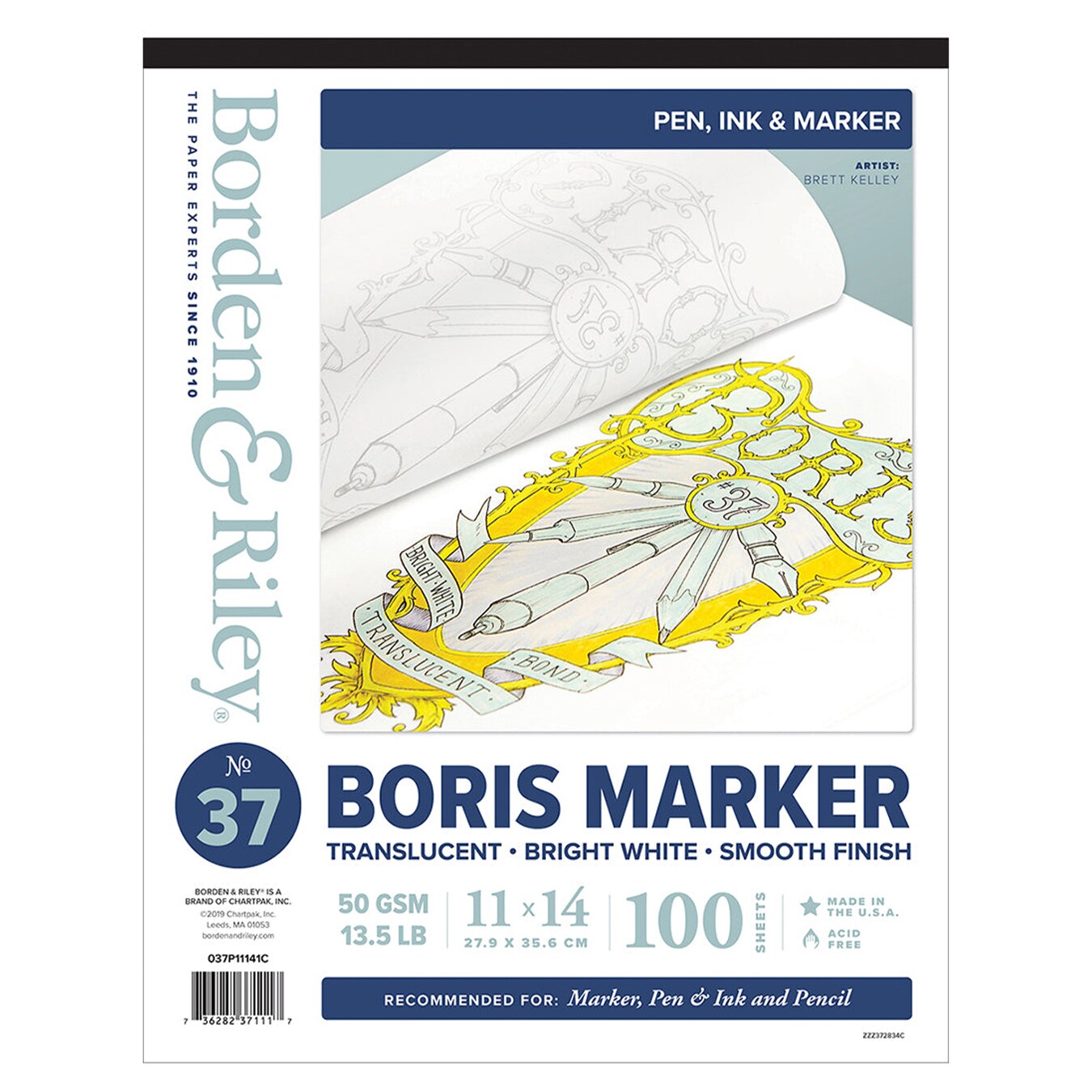 Borden &#x26; Riley #37 Boris Marker Layout Bright White Translucent Bond Paper Pad, 40 GSM/13.5 lb., 1 Pad Each&#xA0;