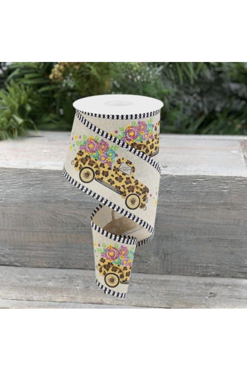 2.5&#x22; Leopard Truck Flower Stripe Ribbon: Natural (10 Yards)