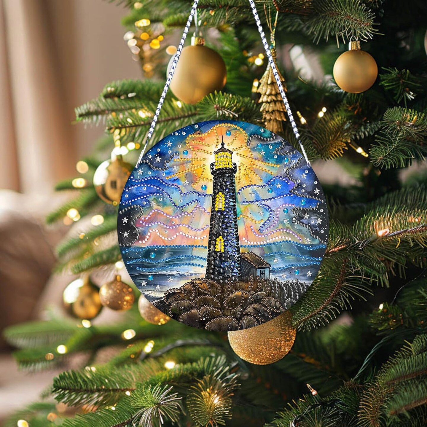 Hanging Diamonds Painting Pendant Kit Lighthouse, 7.4x7.4inch Gem Painting Board Art Kit Ornament, Special Crystal Diamond, Box Package