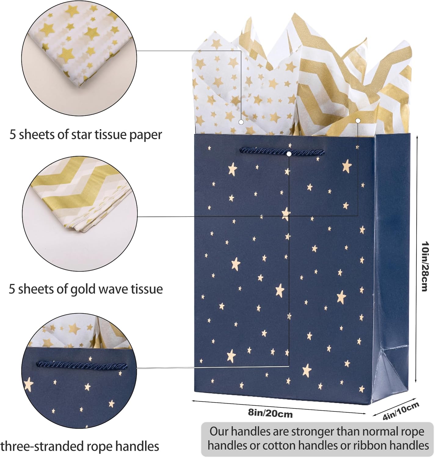 Gift Bags, 10 Pack Navy Blue with Gold Foil Stars, Kraft Paper Bags with Handles, Bulk for Men, Groomsmen